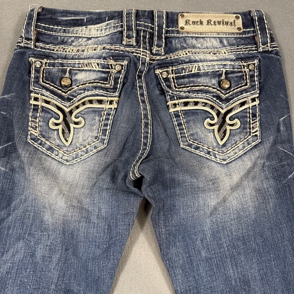 Rock Revival Kai Boot  Jeans Womens 27 Embroidered THICK STITCH WHISKERING - Picture 3 of 11